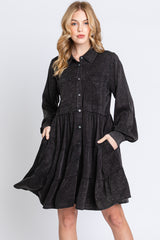 Charcoal Button Down Tiered Long Sleeve Maternity Dress