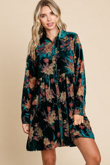 Forest Green Velvet Floral Burnout Button Front Long Sleeve Maternity Dress