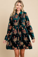 Forest Green Velvet Floral Burnout Button Front Long Sleeve Dress