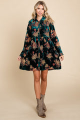 Forest Green Velvet Floral Burnout Button Front Long Sleeve Dress