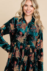 Forest Green Velvet Floral Burnout Button Front Long Sleeve Dress