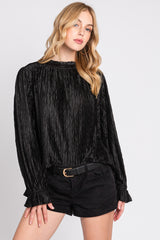 Black Textured Mock Neck Blouse