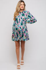 Teal Floral Ruffle Mock Neck Maternity Dress