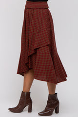 Burgundy Plaid Ruffle Midi Skirt