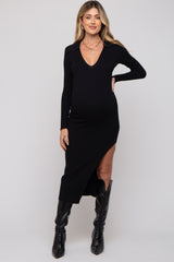 Black Ribbed Collared Fitted Side Slit Maternity Midi Dress