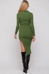 Green Ribbed Collared Fitted Side Slit Maternity Midi Dress