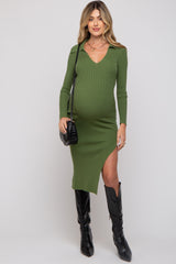 Green Ribbed Collared Fitted Side Slit Maternity Midi Dress