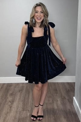 Navy Velour Sparkle Rhinestone Dress