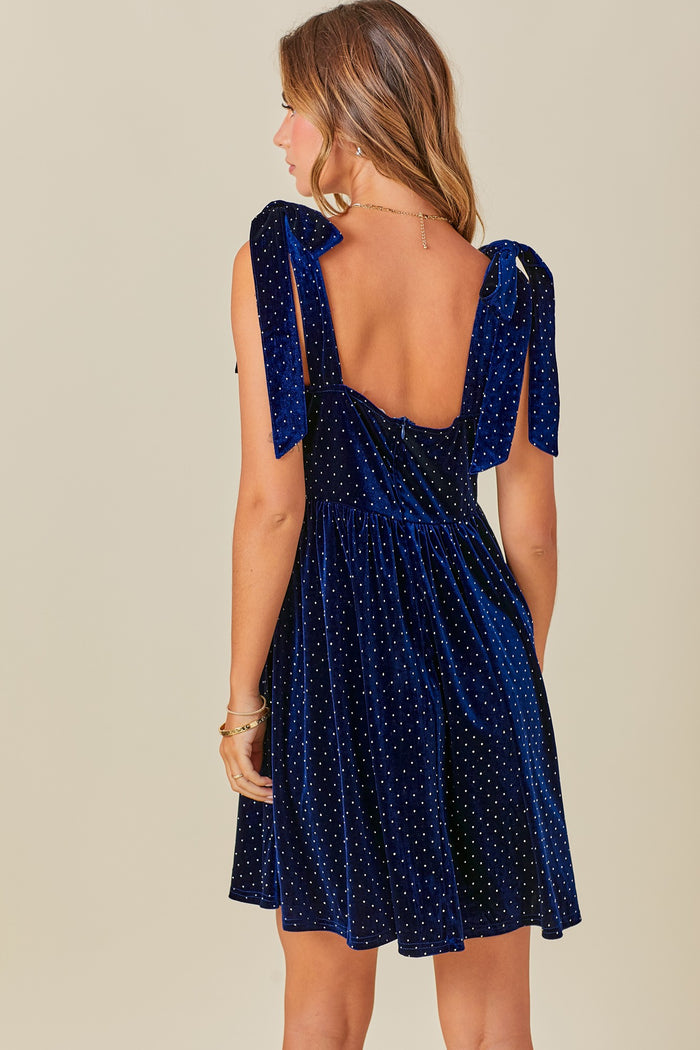 Navy Velour Sparkle Rhinestone Dress