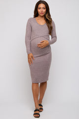 Light Pink Brushed Knit Long Sleeve Maternity Wrap Nursing Dress