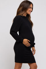 Black Ribbed Long Sleeve Mock Neck Maternity Dress