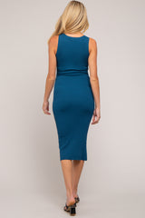 Teal Fitted Knit Maternity Midi Dress