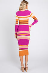 Magenta Striped Long Sleeve Midi Dress