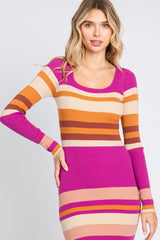 Magenta Striped Long Sleeve Midi Dress