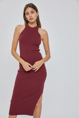 Burgundy Sleeveless Side Slit Maternity Midi Dress