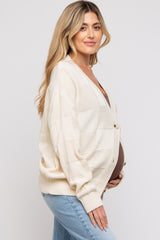 Cream Checkered Knit Button Front Maternity Cardigan