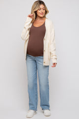 Cream Checkered Knit Button Front Maternity Cardigan