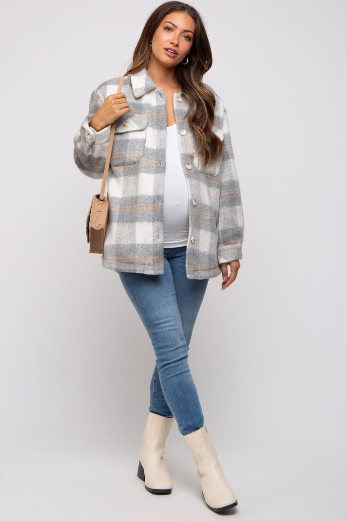Heather Grey Plaid Fuzzy Button Up Maternity Jacket