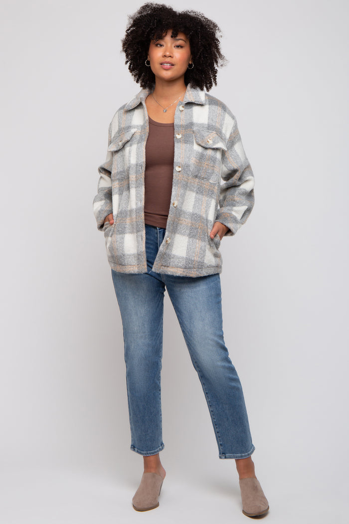 Heather Grey Plaid Fuzzy Button Up Jacket