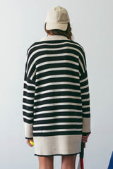 Black Striped Zipper Front Collared Sweater Dress