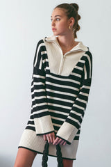 Black Striped Zipper Front Collared Sweater Dress