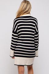 Black Striped Zipper Front Collared Maternity Sweater Dress