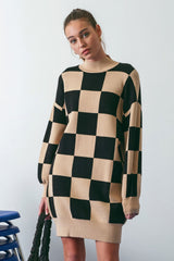 Black Checkered Knit Maternity Sweater Dress