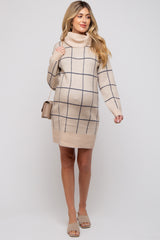 Taupe Windowpane Turtleneck Maternity Sweater Dress