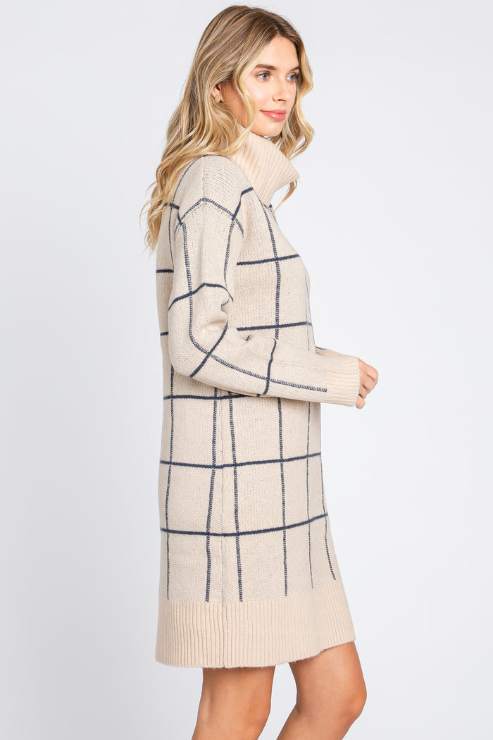 Taupe Windowpane Turtleneck Sweater Dress
