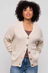 Beige Basic Ribbed Cardigan Sweater