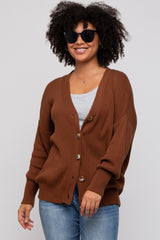 Dark Rust Basic Ribbed Cardigan Sweater