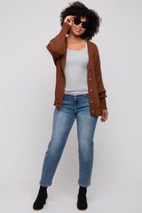 Dark Rust Basic Ribbed Cardigan Sweater