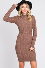 Mocha Cable Knit Mock Neck Long Sleeve Sweater Dress