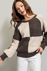 Brown Checkered Long Sleeve Maternity Sweater