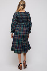 Forest Green Plaid Smocked A-Line Maternity Midi Dress