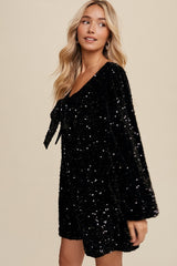 Black Sequin Velour Front Tie Mini Dress