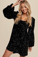 Black Sequin Velour Front Tie Mini Dress