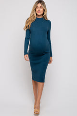 Teal Ribbed Mock Neck Maternity Sweater Dress