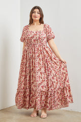 Pink Floral Puff Sleeve Plus Maxi Dress