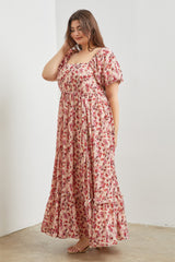 Pink Floral Puff Sleeve Plus Maxi Dress