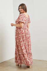 Pink Floral Puff Sleeve Plus Maxi Dress