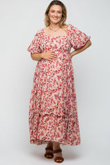 Pink Floral Puff Sleeve Maternity Plus Maxi Dress