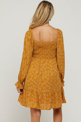 Gold Floral Chiffon Square Neck Ruffle Hem Maternity Dress