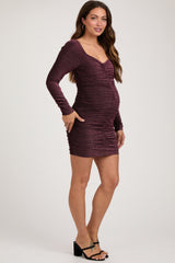 Black Burgundy Glitter Ruched Maternity Fitted Dress