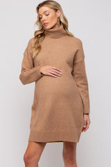 Camel Turtleneck Maternity Sweater Mini Dress