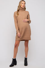 Camel Turtleneck Maternity Sweater Mini Dress