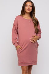 Mauve Long Sleeve Fleece Lined Maternity Dress