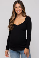 Black Ribbed Sweetheart Neck Long Sleeve Maternity Top