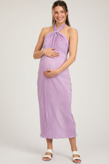 Lavender Knot Front Plisse Halter Maternity Midi Dress