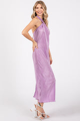 Lavender Knot Front Plisse Halter Midi Dress